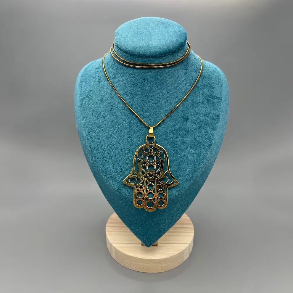 Brass Hamsa Pendant with Snake Chain - Necklace