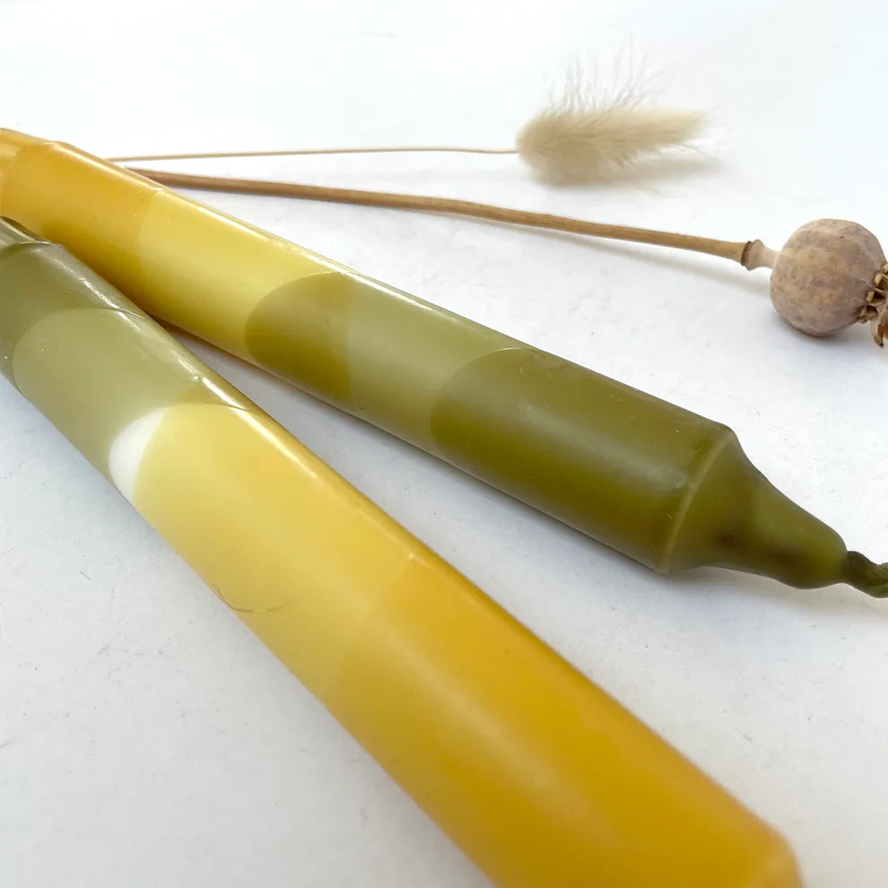 Dip Dye Dinner Candles in Olive Green and Mustard Yellow