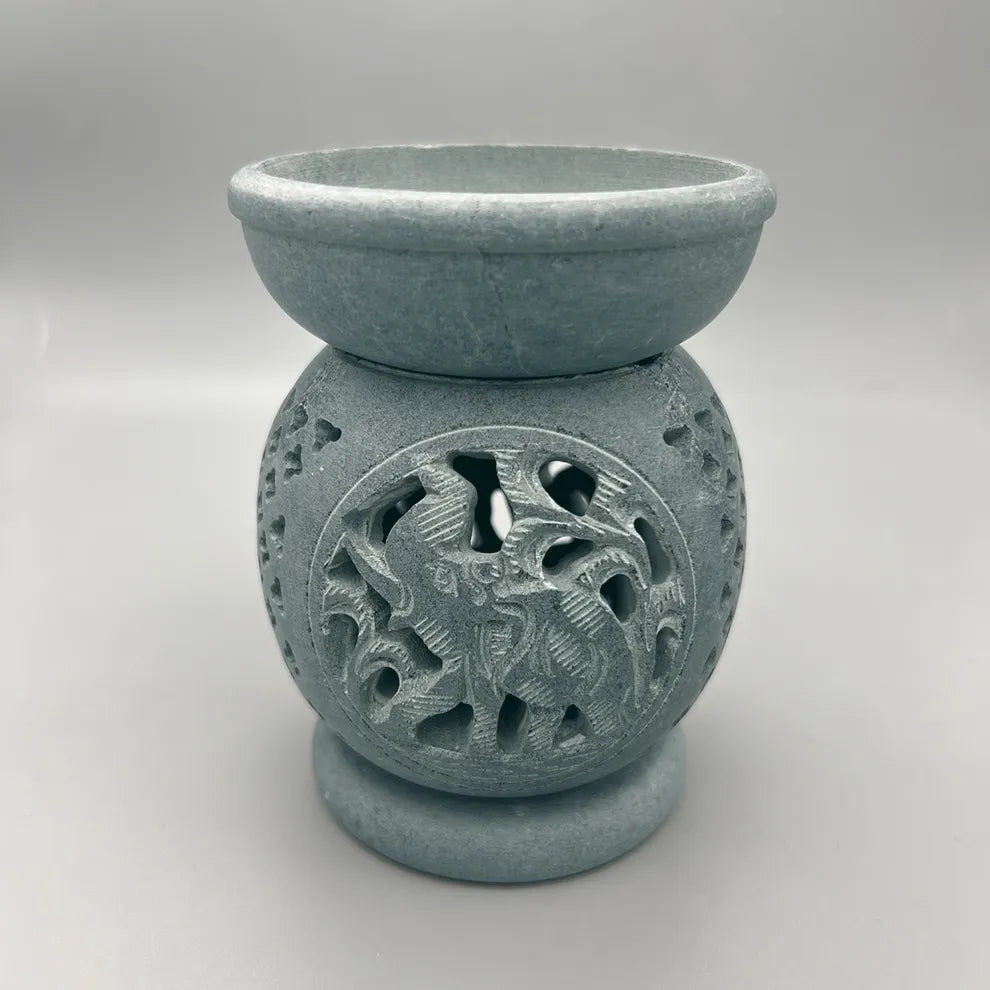 Hand Carved Elephant Soapstone Oil Burner in Green
