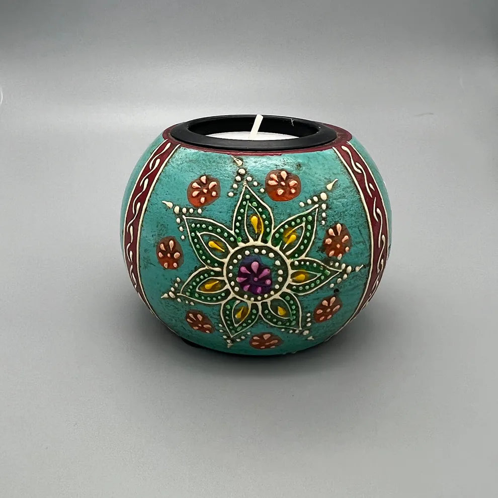 Hand Painted Wooden Tealight Holder - Turquoise