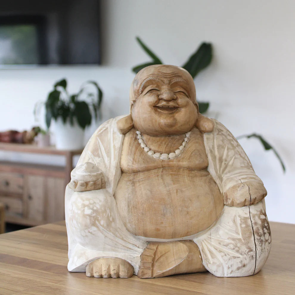 Happy Buddha Statue Whitewash 30cm