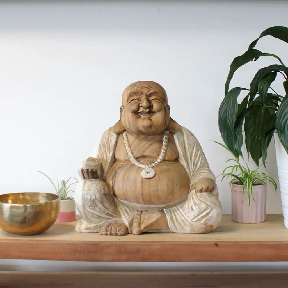 Happy Buddha Statue - Whitewash - 40cm
