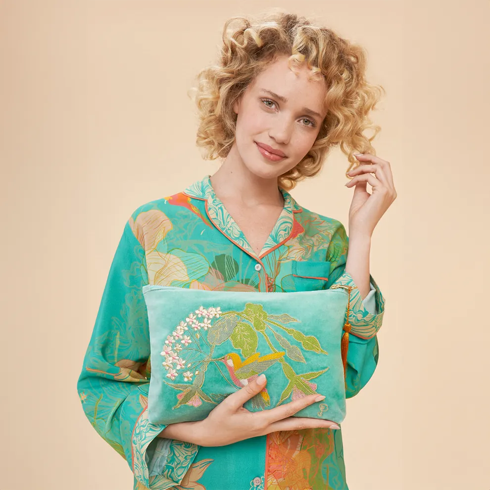 Hummingbird Aqua Velvet Zip Pouch
