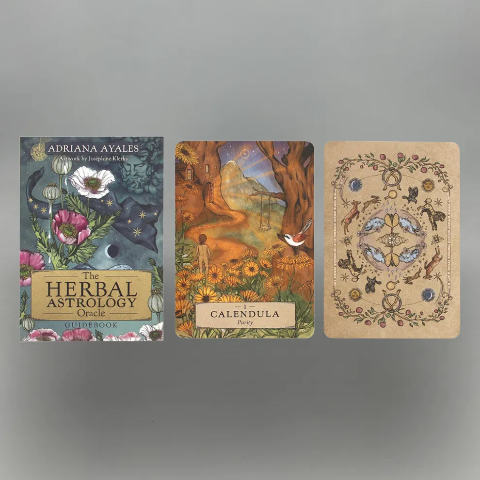Guide book and 2 cards from 'The Herbal Astrology Oracle' by Adriana Ayales on a gray background.