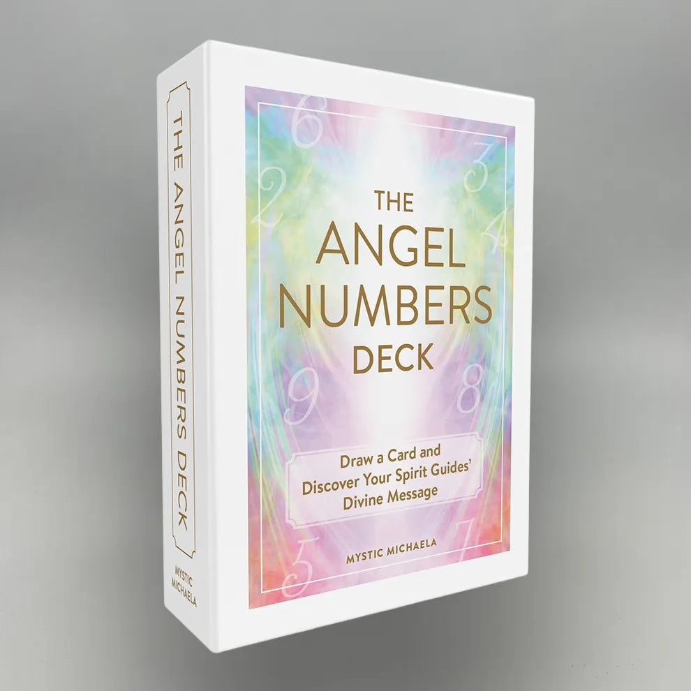 Oracle card deck packaging titled 'The Angel Numbers Deck' on a gray background
