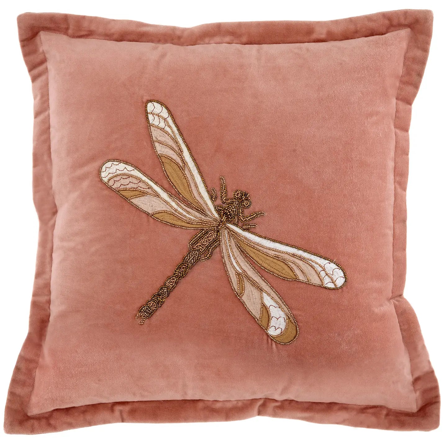Pink pillow with embroidered dragonfly design on a white background