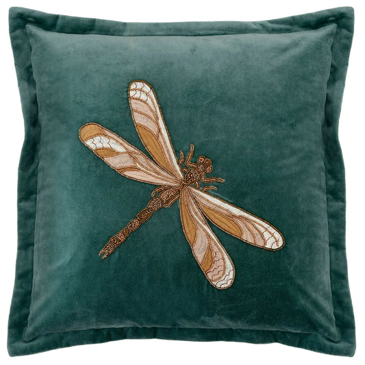 Teal pillow with embroidered dragonfly design