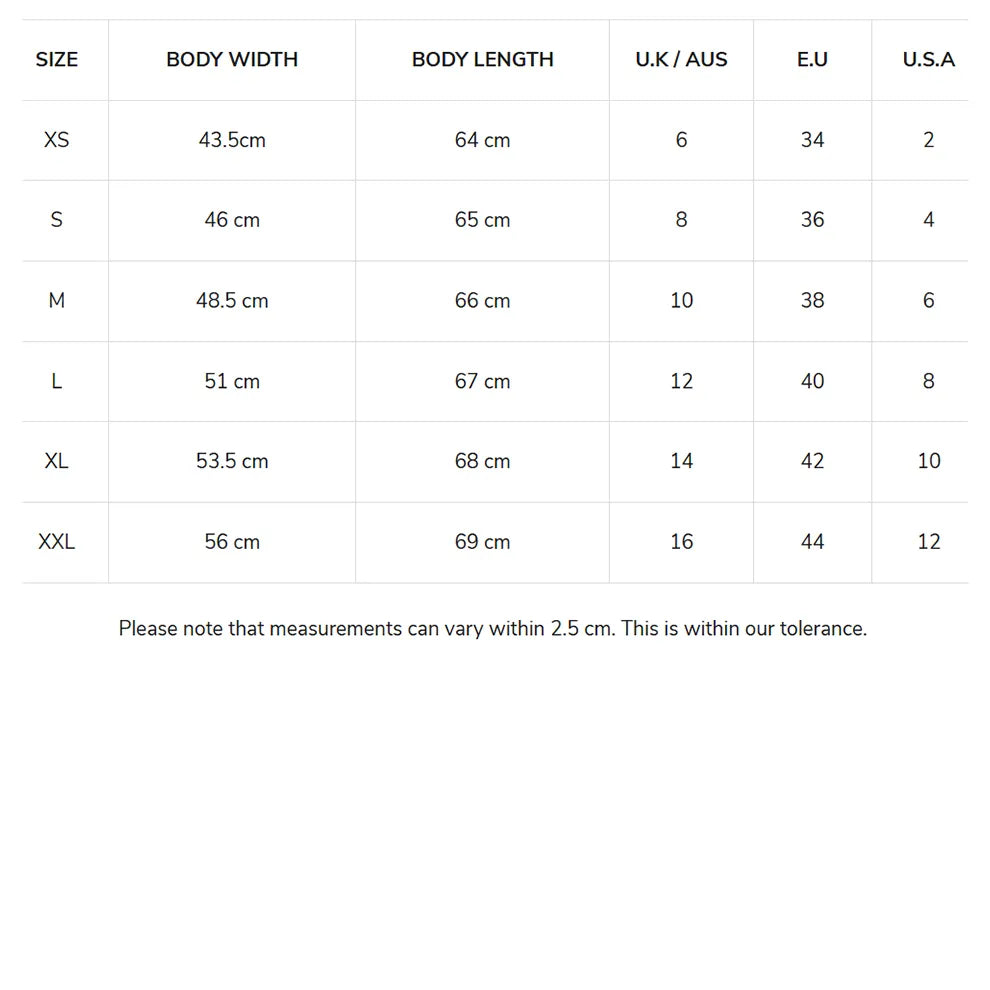 Eden Ashram Camden Tank Size Chart