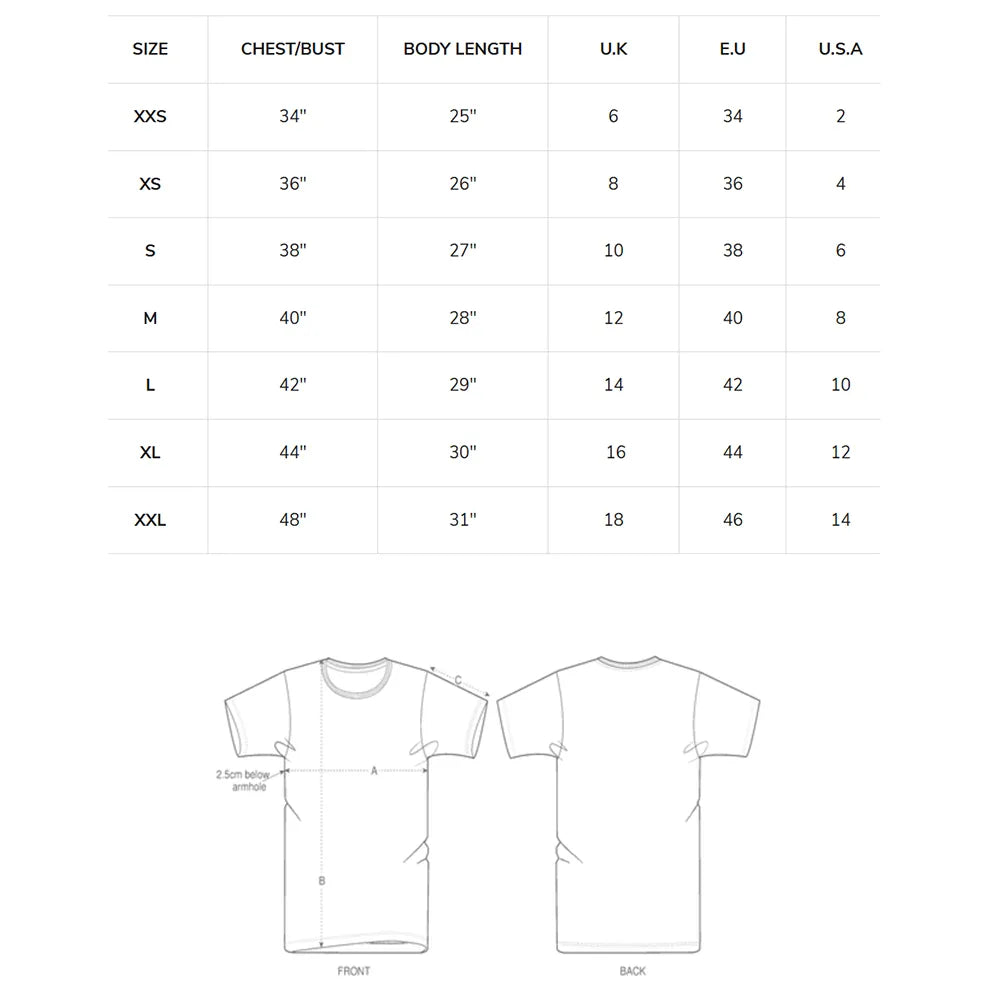 Eden Ashram Classic T-Shirt Size Chart