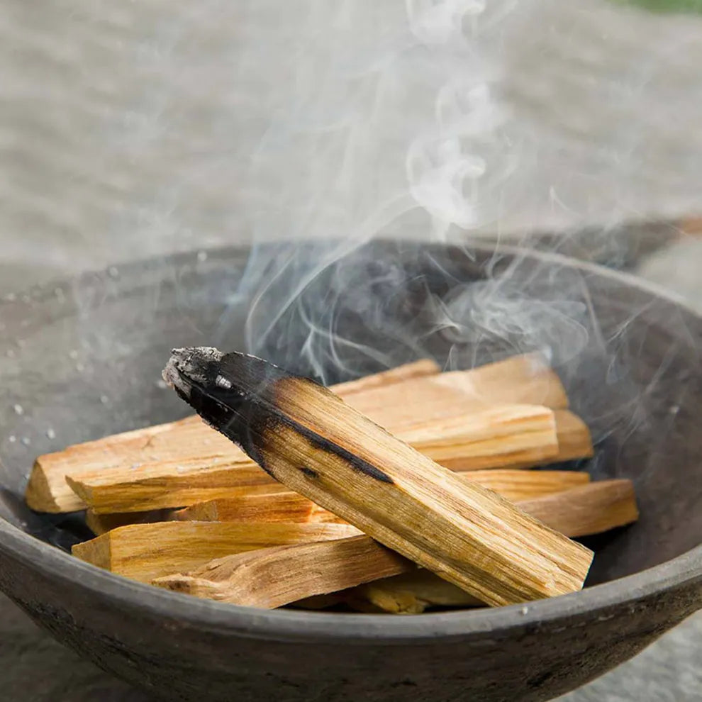 Palo santo sticks burning in a dark bowl with smoke rising.