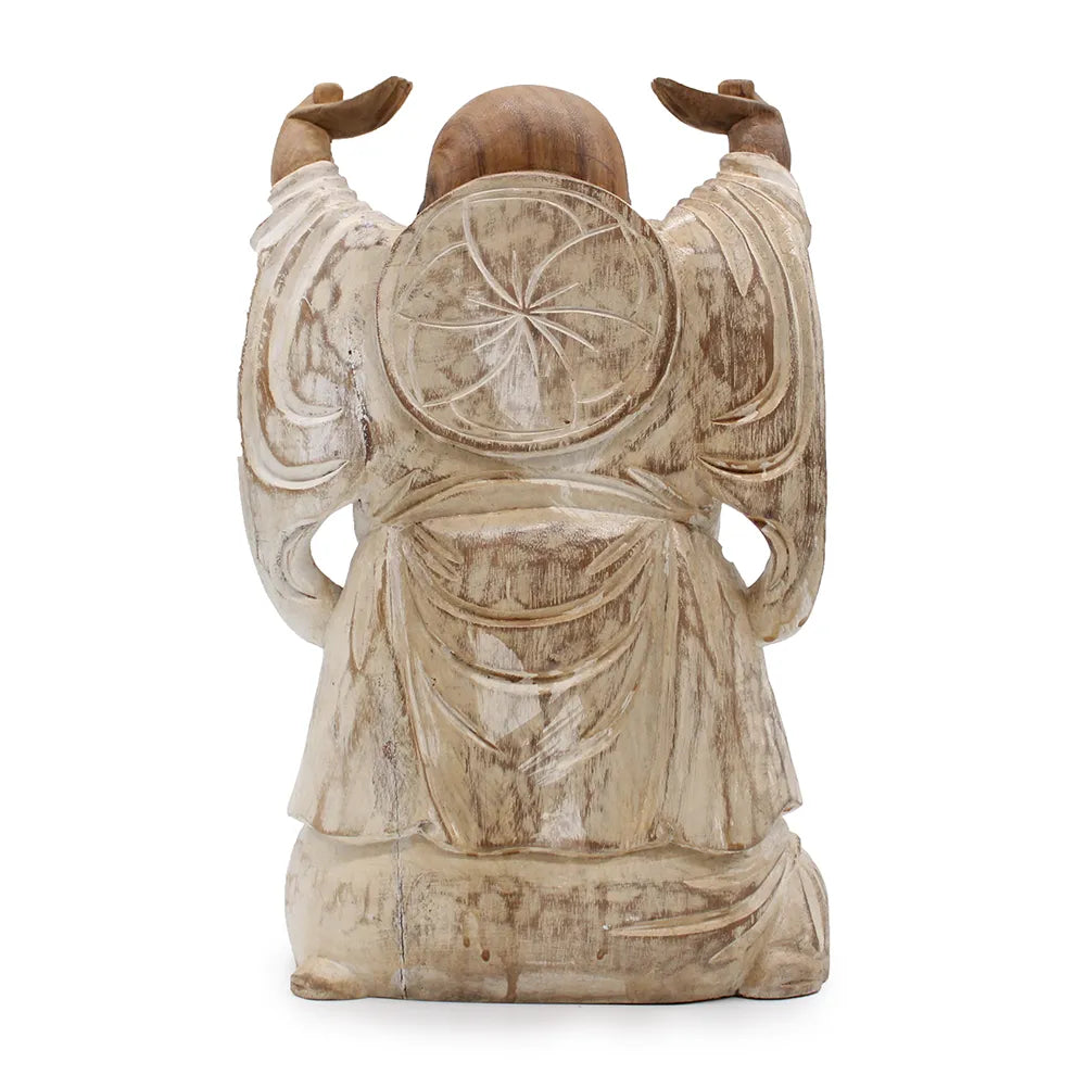 Happy Buddha Statue with Hands Up - Whitewash - 40cm