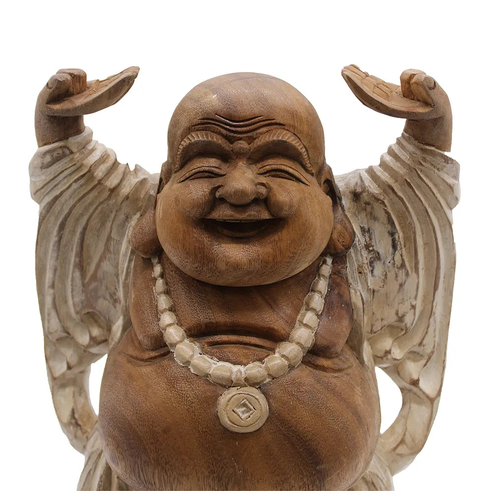 Happy Buddha Statue with Hands Up - Whitewash - 40cm