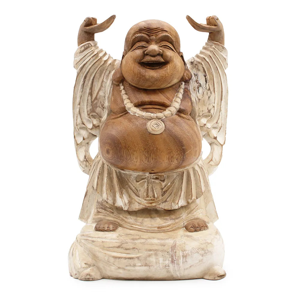 Happy Buddha Statue with Hands Up - Whitewash - 40cm