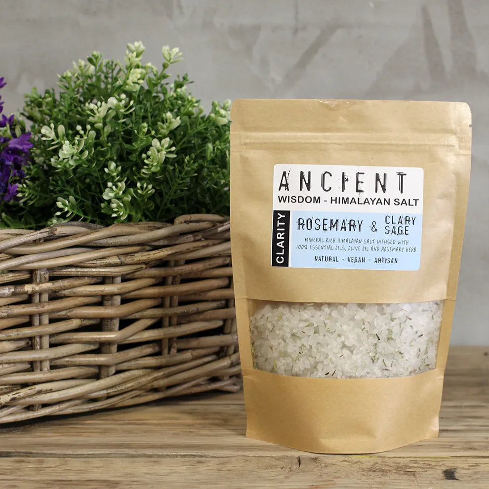 Bag of Ancient Wisdom Himalayan Bath Salt Clarity on a wooden surface with a plant in the background