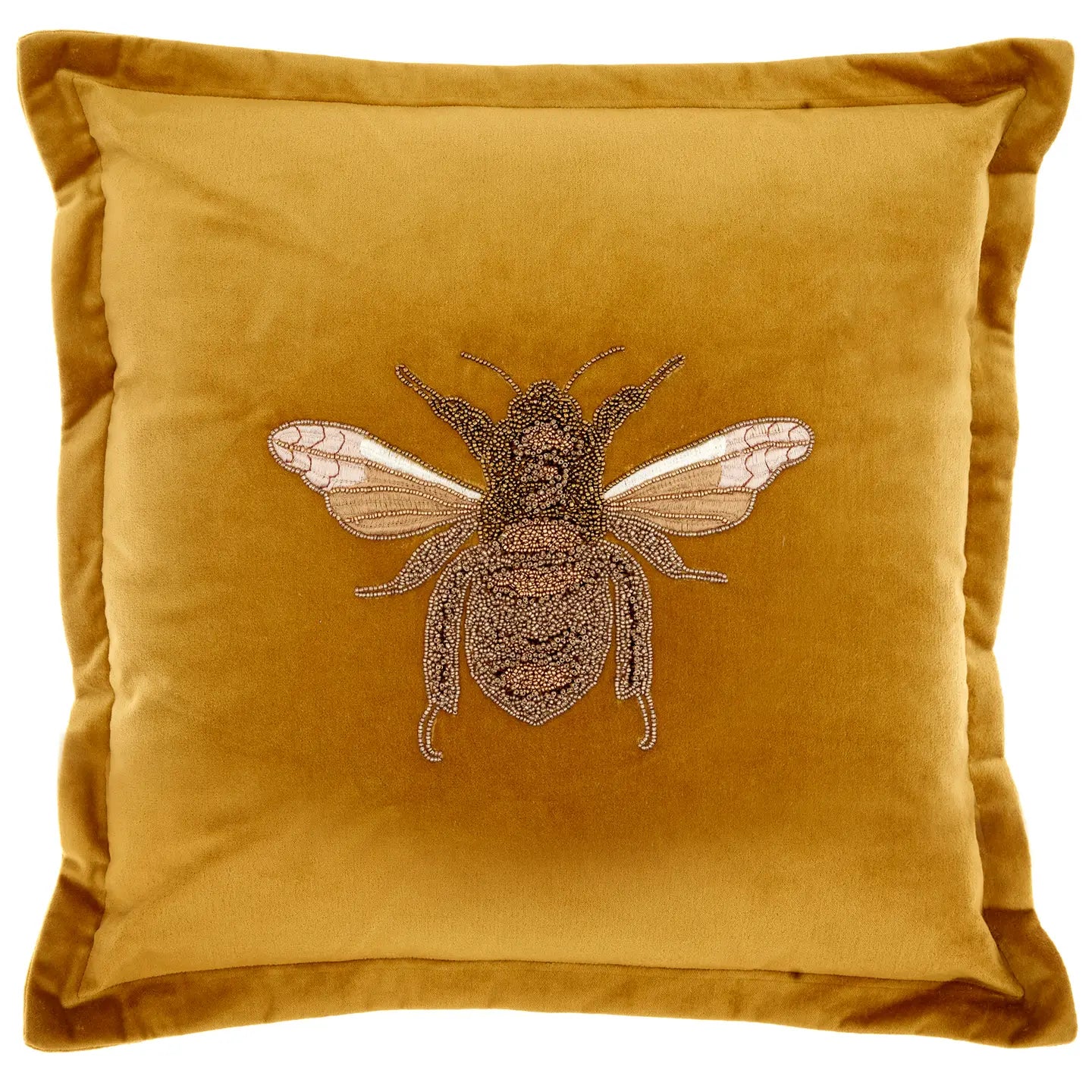 Mustard yellow pillow with embroidered bee design on a white background