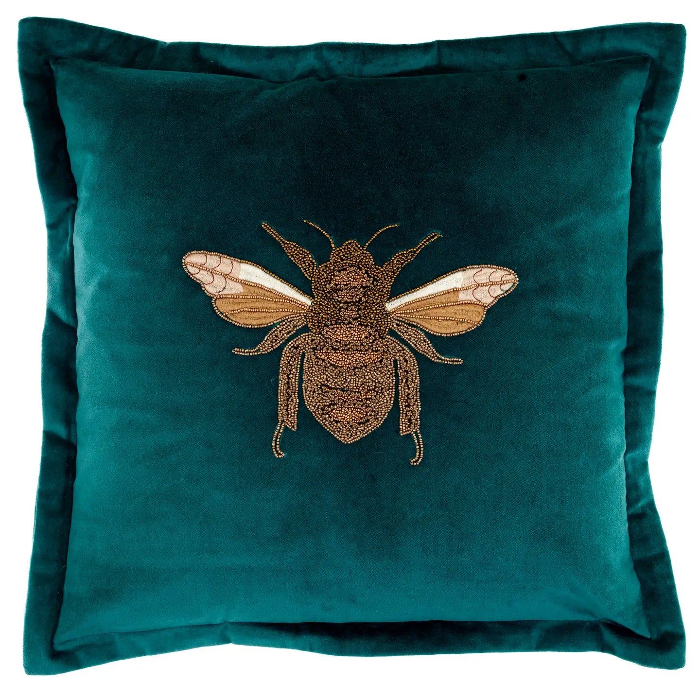 Teal pillow with a gold embroidered bee design on a white background