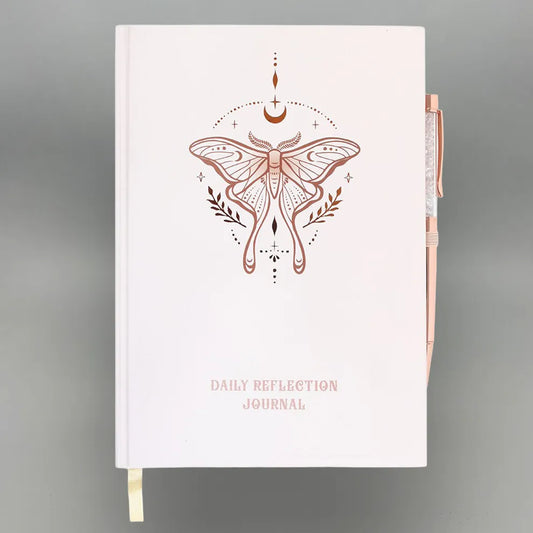 Luna Moth Daily Reflection A5 Journal with Clear Quartz Pen