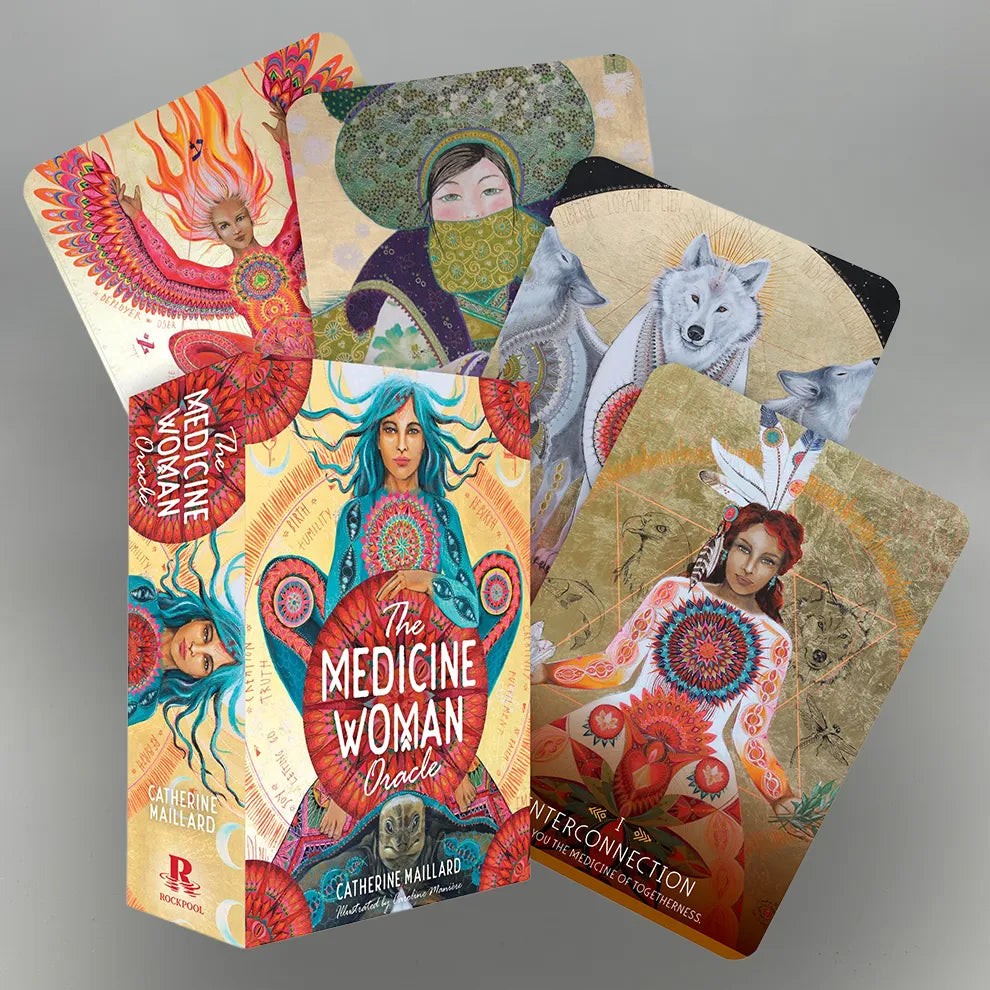 Set of 'The Medicine Woman' oracle cards on a gray background
