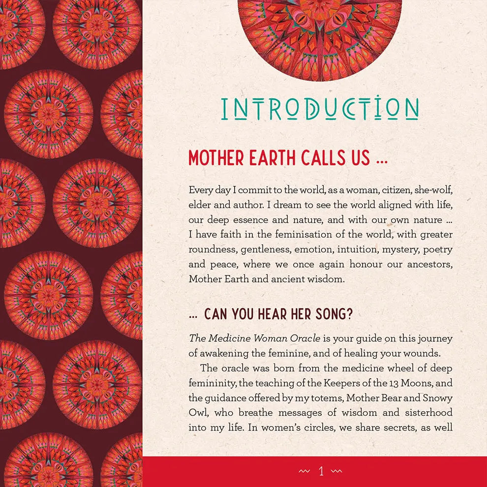Oracle Cards Introduction page with red circular patterns and text on a beige background