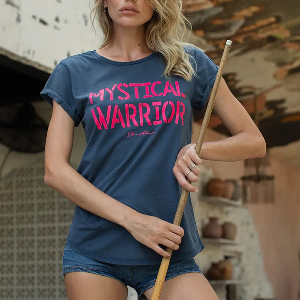 Mystical Warrior Rolled Sleeve T-Shirt in Stonewash Denim