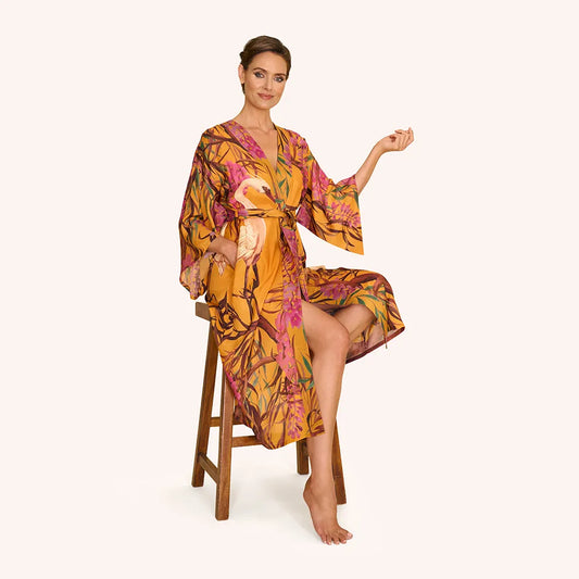 Oriental Crane Ochre Kimono Gown