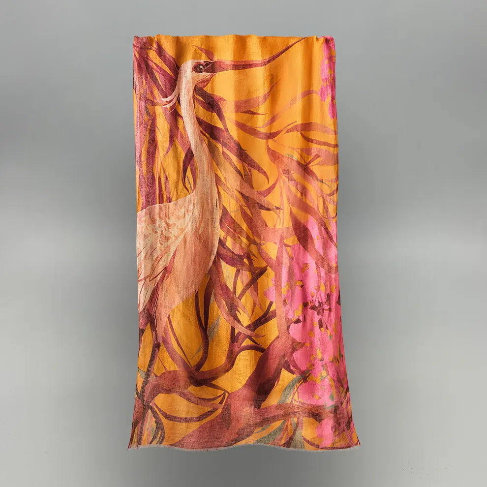 Oriental crane scarf on a grey background