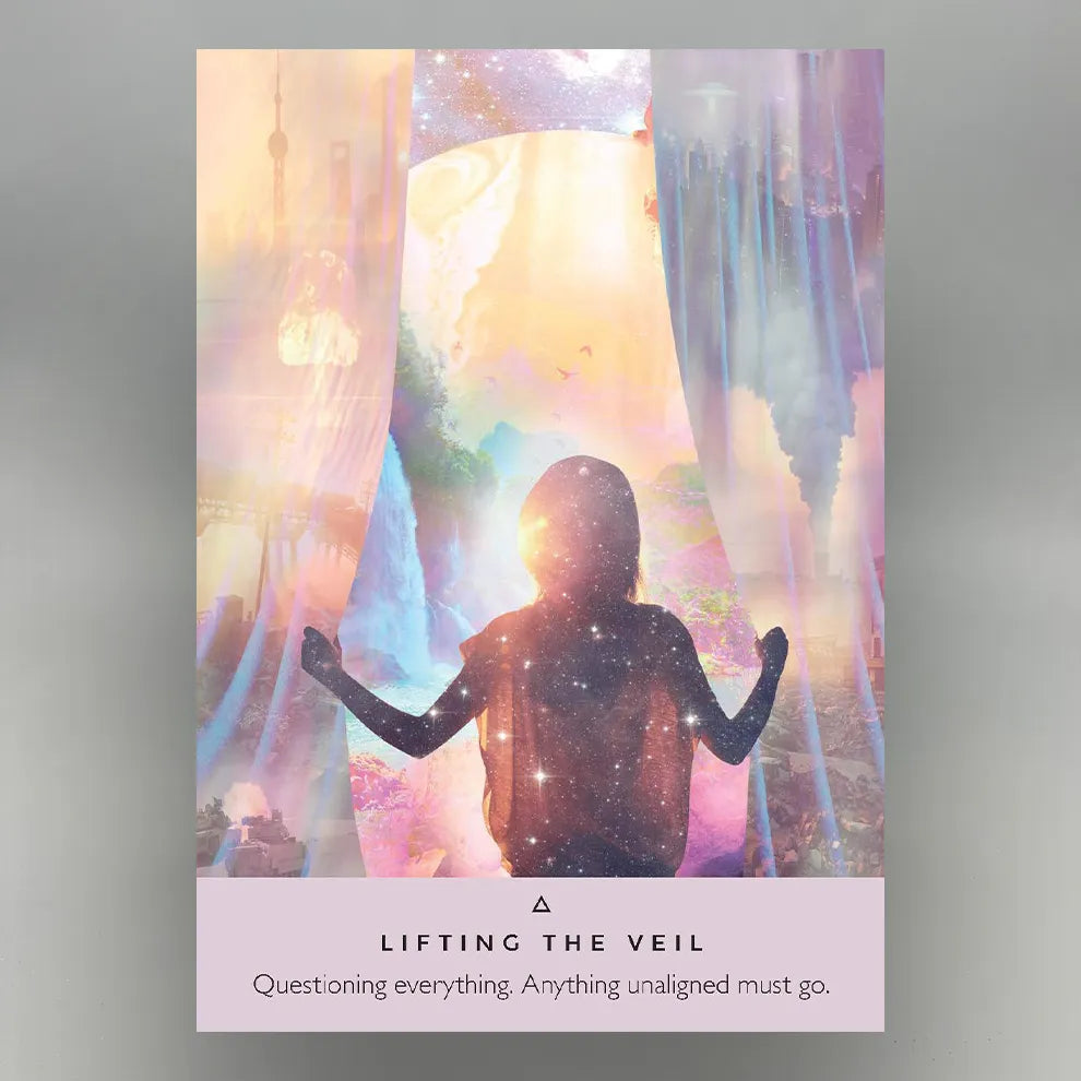 Oracle Card - Silhouette of a person with outstretched arms against a colorful, draped background with text 'Lifting the Veil'.