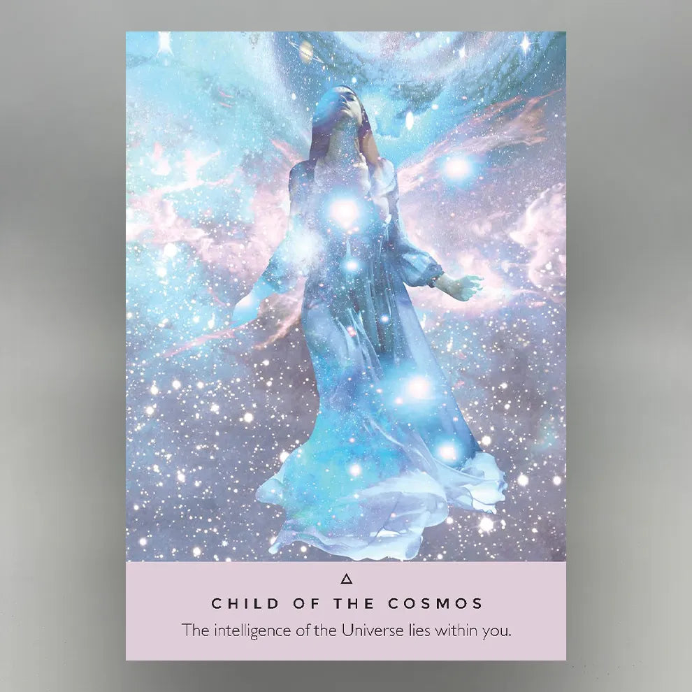 Oracle Card with a woman in a flowing dress surrounded by cosmic elements and text 'Child of the Cosmos'.