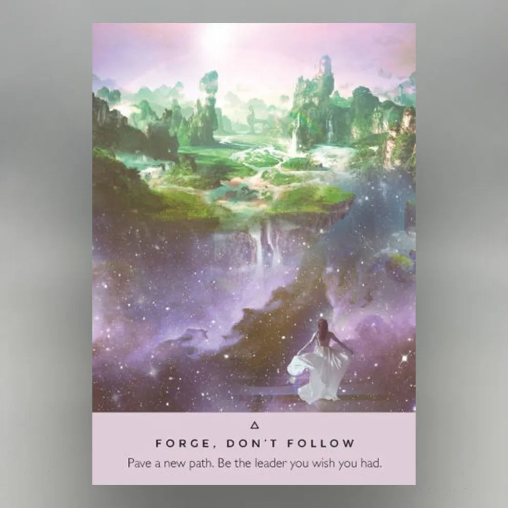 The Starseed Oracle Card - Futuristic landscape with a person in a white dress and text 'Forge, Don't Follow' on a gray background