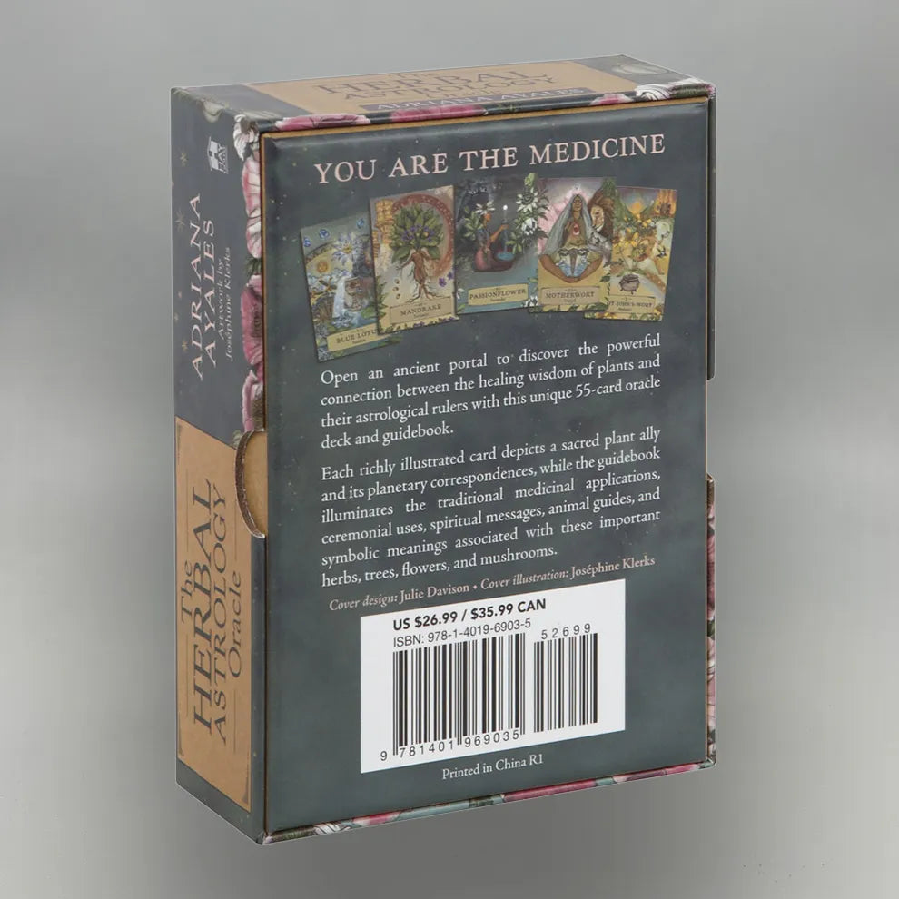 Back of box for 'The Herbal Astrology Oracle' set  on a gray background