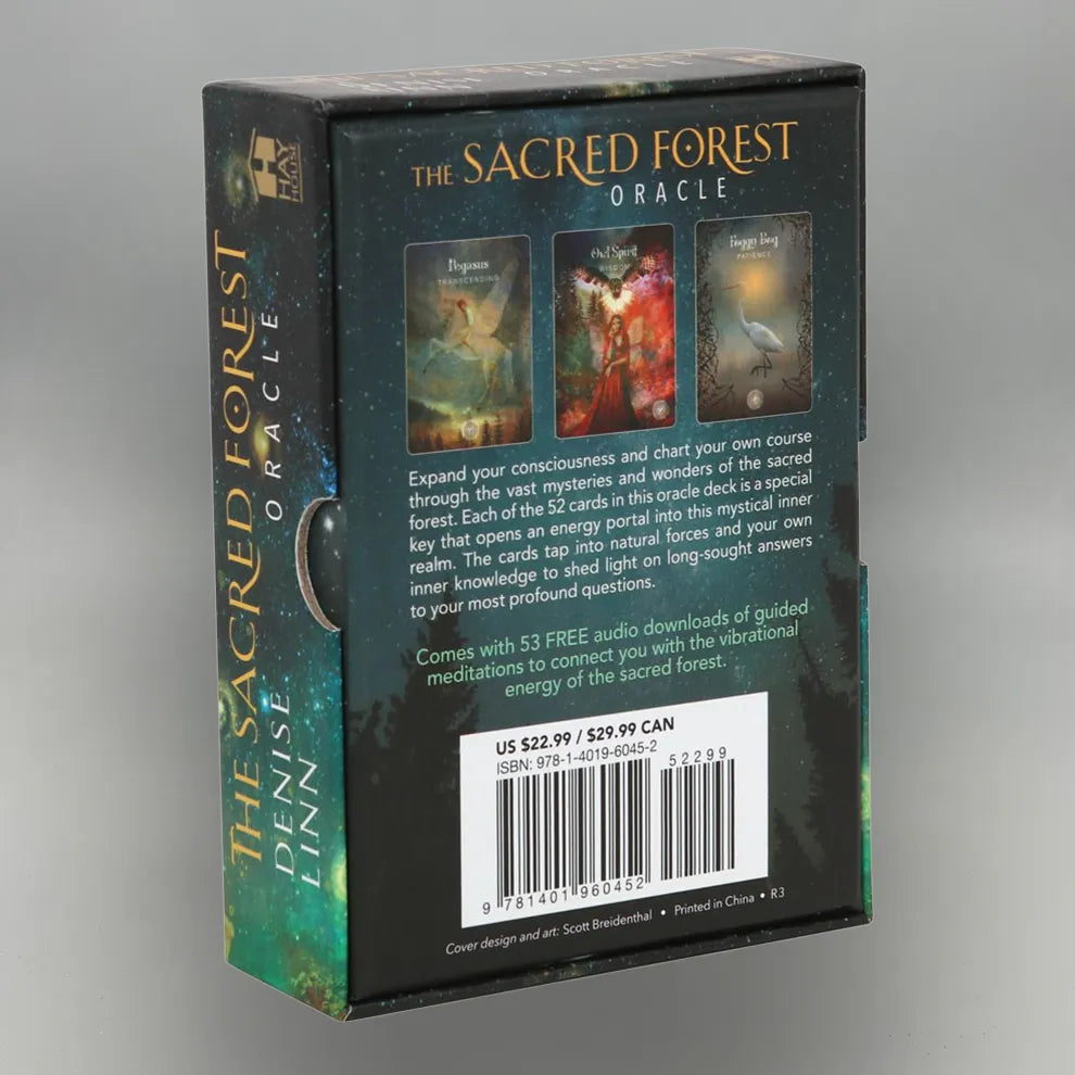 Box of 'The Sacred Forest Oracle' with images and text on a gray background