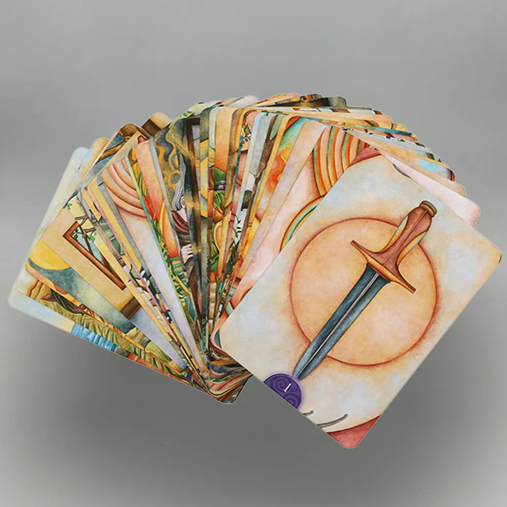 Collection of Wicca tarot cards on a gray background