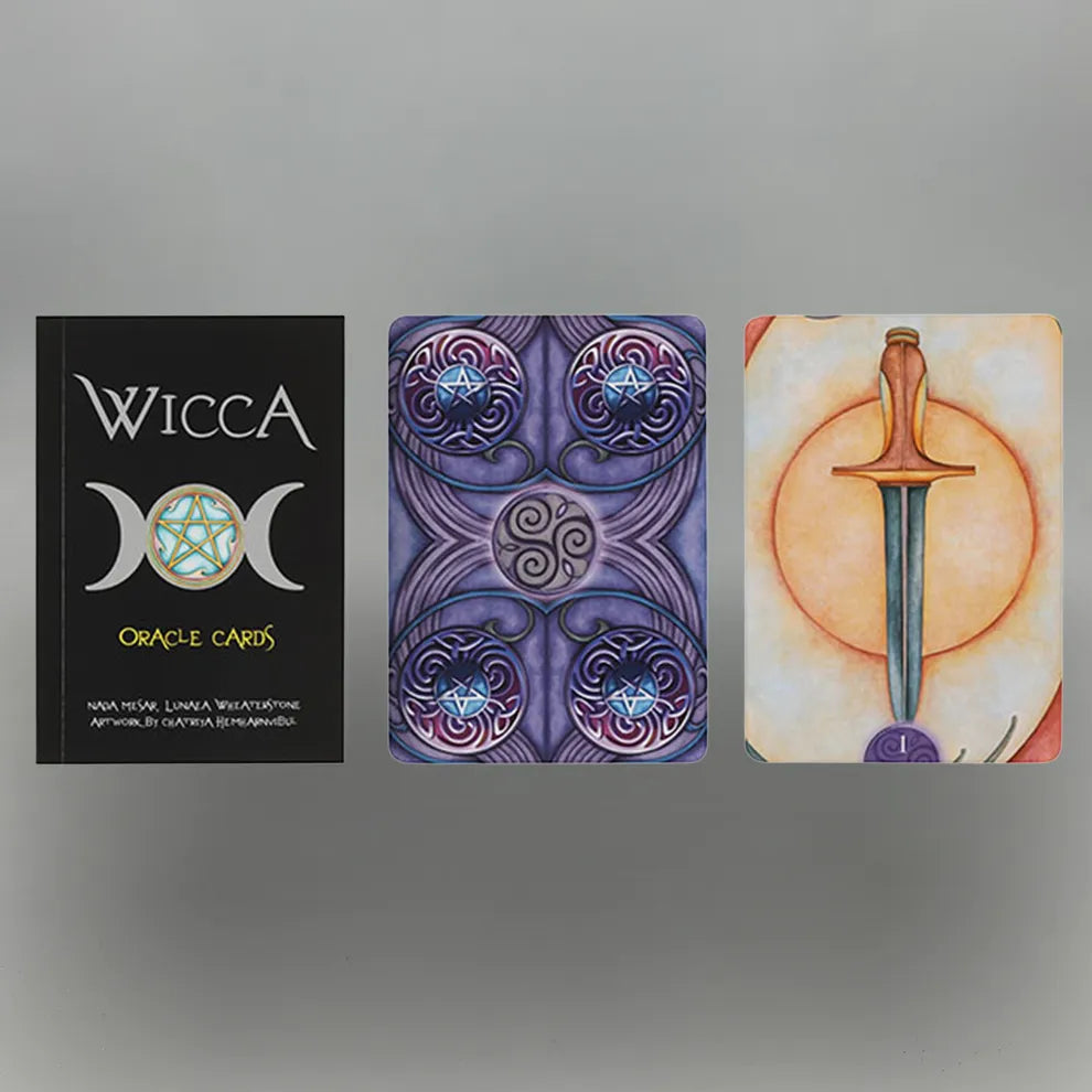 Wicca Oracle Cards box with front and back card designs on a gray background
