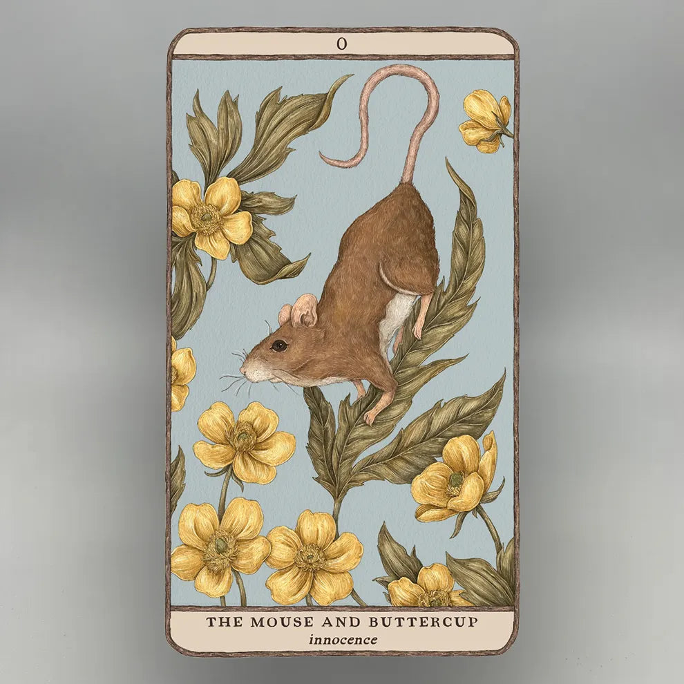 Oracel card featuring a mouse and buttercup flowers on a gray background