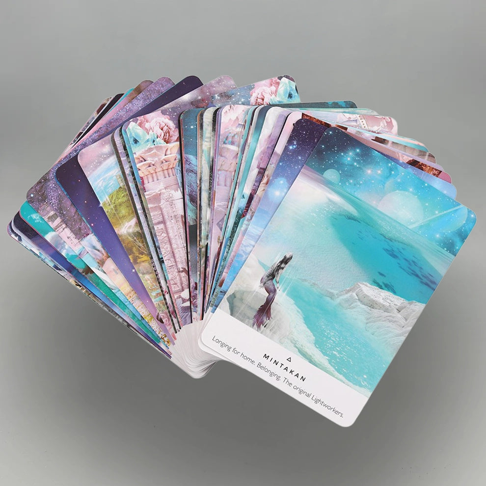 Set of 'Work Your Light' Oracle Cards with scenic images on a gray background